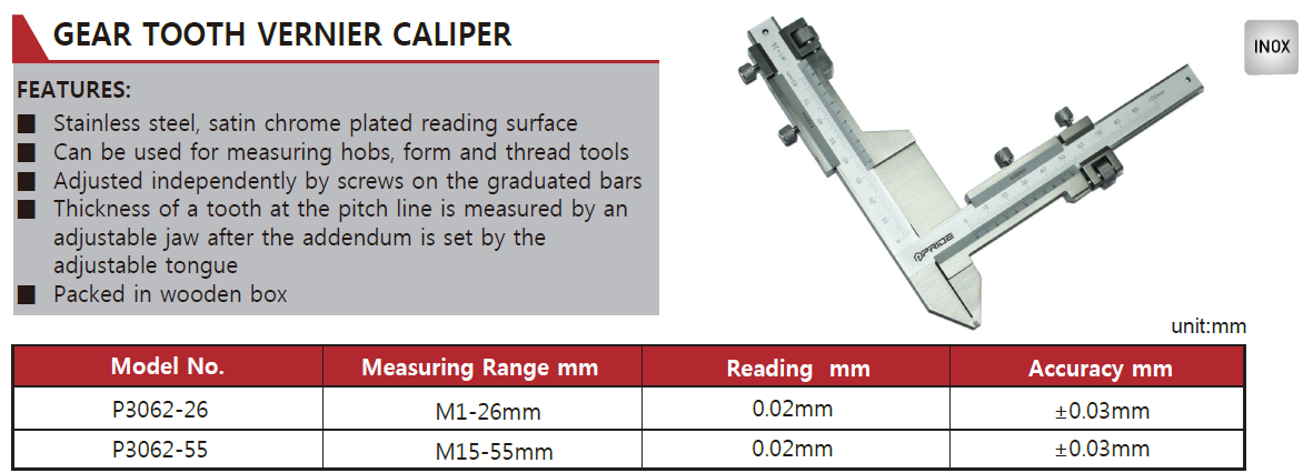 P3062-26 Gear Tooth Caliper M1-26mm, Jaw Size