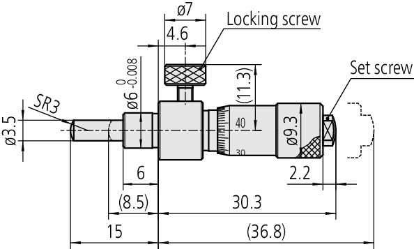 Micrometer Head, Locking Screw Type 0-6,5mm, 0,01mm, Spherical 148-222-10