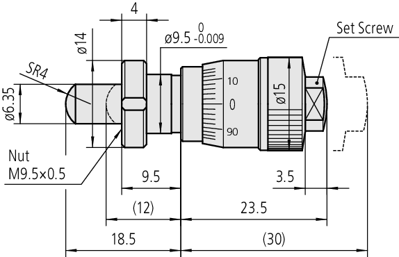 Micrometer Head, Spindle Feed 0,1mm/rev. 0-6,5mm, 0,002mm, Spherical, with Clamp Nut 148-343-10