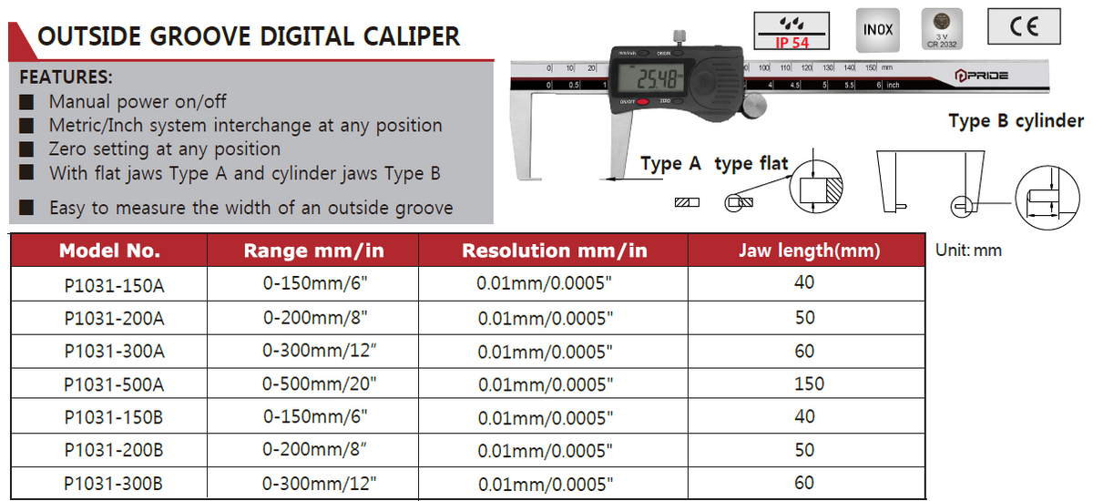 P1031-150A Outside Groove Caliper 0-150mm/6", Jaw Size 40mm