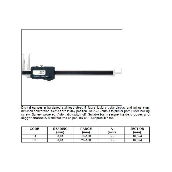 Bocchi Inside Caliper Digital caliper for measure inside grooves and segger channels .4-6.8"/1-170mm, Resolution .01mm/.0005" Tips 3.5mm 960/01