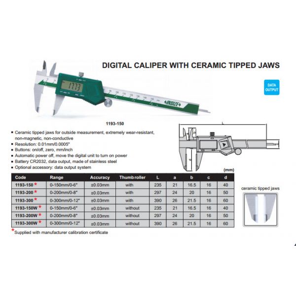 Insize 6"/150mm ELECTRONIC CALIPER WITH CERAMIC TIPPED JAWS 1110-150