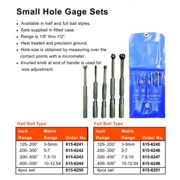 MHC 615-6250 Small Hole Gauges Range : 0.125-0.5" Set of four Half Ball Type