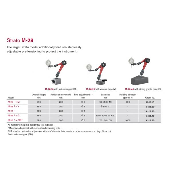 FISSO Strato Line Model: M-28 F + G - With Granite Base - 3D articulated gauging arm 3/8" stem with bushing 3/8" to 8mm, Indicator not supplied, Code M-28.45