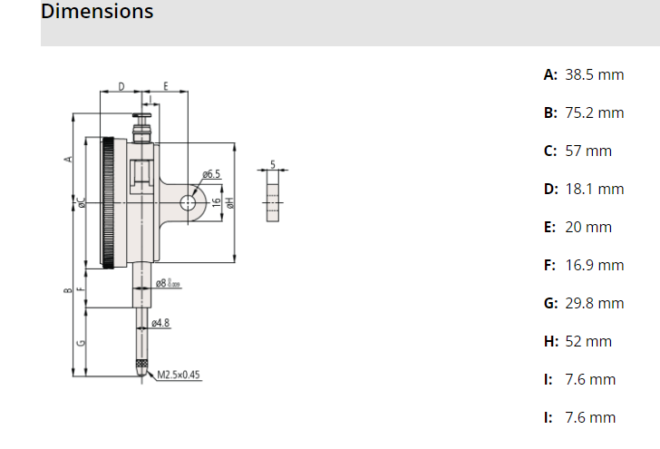 Dial Gauge, Lug Back, ISO Type 20mm, 0,01mm 2050A