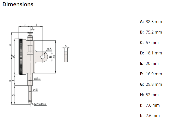 Dial Gauge, Lug Back, ISO Type Jewelled Bearing, 20mm, 0,01mm 2320S-10