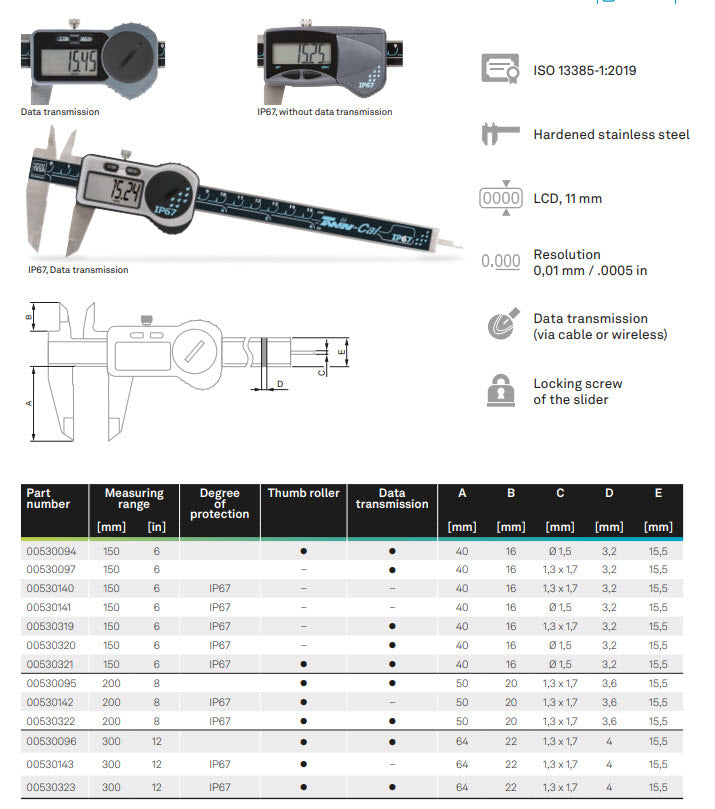 Tesa Twin-Cal Digital Caliper 0-150mm/0-6" IP67 (Square Depth Rod) 00530319