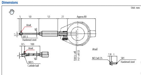 2-Point Inside Measuring Instrument Bore Gauge, 6-10mm, Graduation 0,001mm 511-210-20