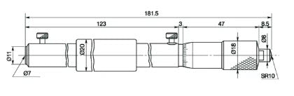 Mitutoyo Inside Micrometer, Interchangeable Rods 8-20", with 3 Rods, Hardened Face 141-121