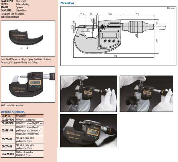 Mitutoyo Digimatic High Accuracy Digital Micrometer 0-25mm(0-1"), With Output 293-130-20