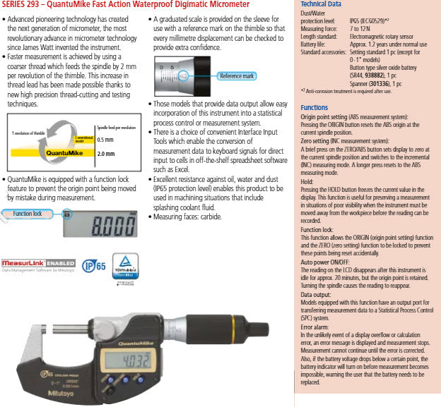 Mitutoyo Digital Micrometer QuantuMike IP65 Inch/Metric, 0-25mm/0-1" No Output 293-185-30