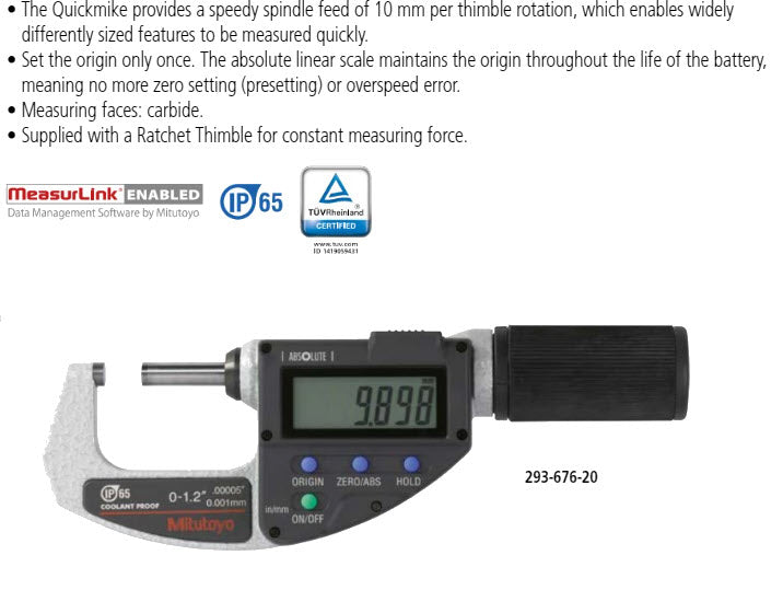 Mitutoyo Digital Absolute Micrometer QuickMike Inch/Metric, 25-55mm/1-2.2" 293-677