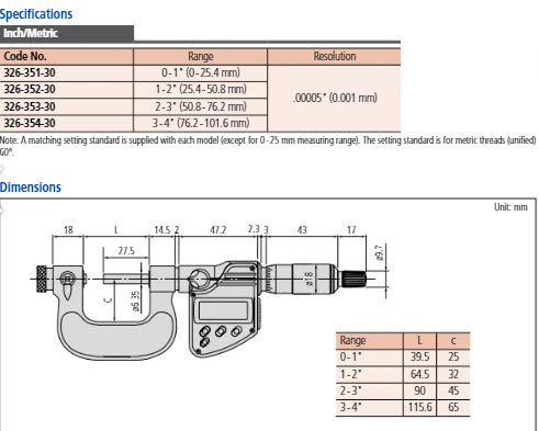 Mitutoyo Digital Screw Thread Micrometer IP65 Inch/Metric, 0-1" 326-351-30