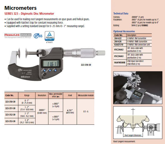 Mitutoyo Digital Disc Micrometer IP65 Inch/Metric, 0-1", Disk=20mm 323-350-30