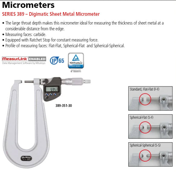 Mitutoyo Digital Sheet Metal Micrometer IP65 Inch/Metric, 0-25mm/0-1", Flat Anvil/Spindle 389-351-30