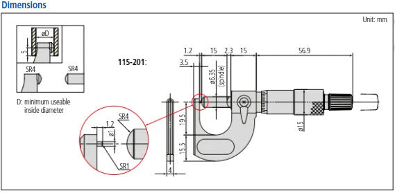 Mitutoyo Digital Tube Micrometer. Spherical Anvil/Spindle Inch/Metric, 50-75mm/2-3", IP65 395-373-30