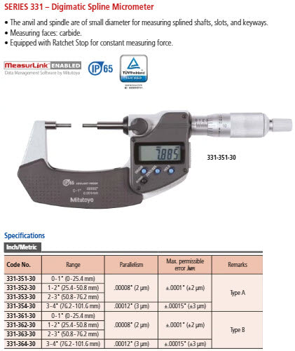 Mitutoyo Digital Spline Micrometer IP65 Inch/Metric, 0-1", 2mm Measuring Face 331-361-30