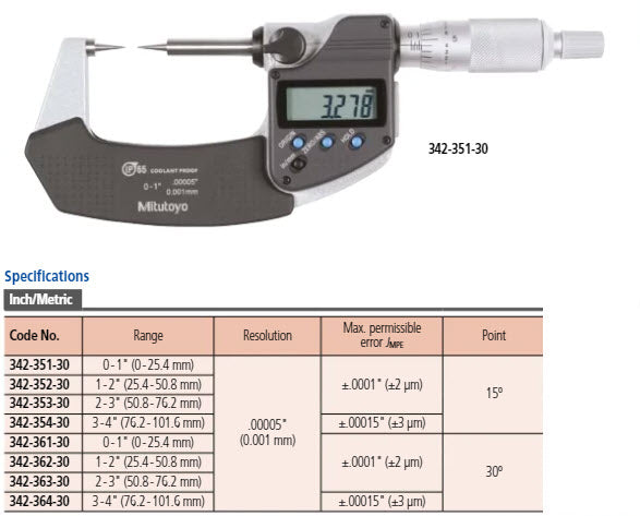 Mitutoyo Digital Point Micrometer IP65 Inch/Metric, 0-25mm/0-1", 15° Tip 342-351-30