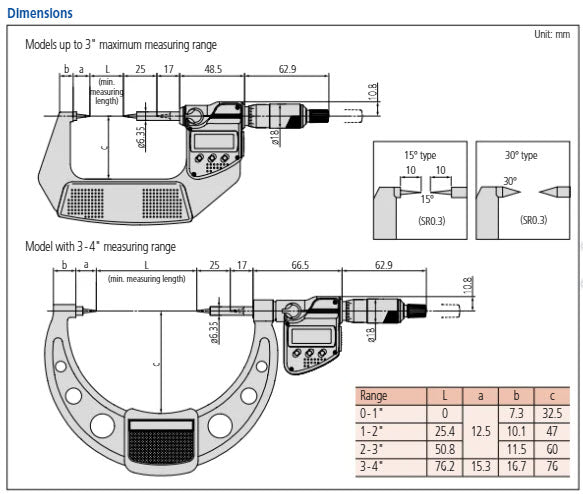 Mitutoyo Digital Point Micrometer IP65 Inch/Metric, 0-25mm/0-1", 15° Tip 342-351-30