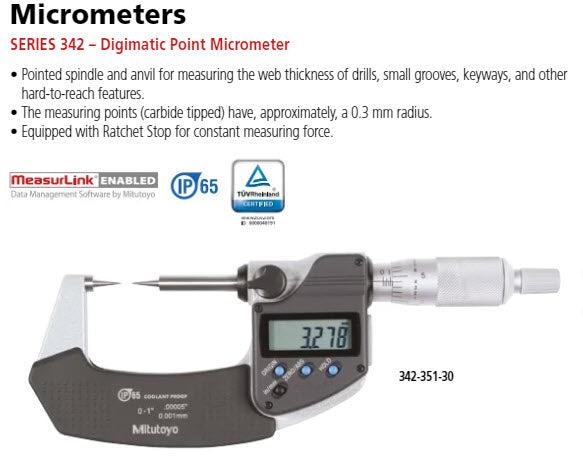 Mitutoyo Digital Point Micrometer IP65 Inch/Metric, 0-25mm/0-1", 15° Tip 342-351-30