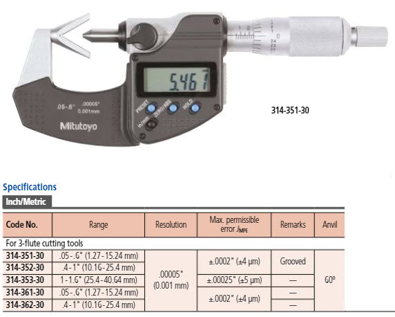 Mitutoyo Digital 3 Flute V-Anvil Micrometer 10.16-25.4mm/0,4-1" 314-362-30 Without grooves