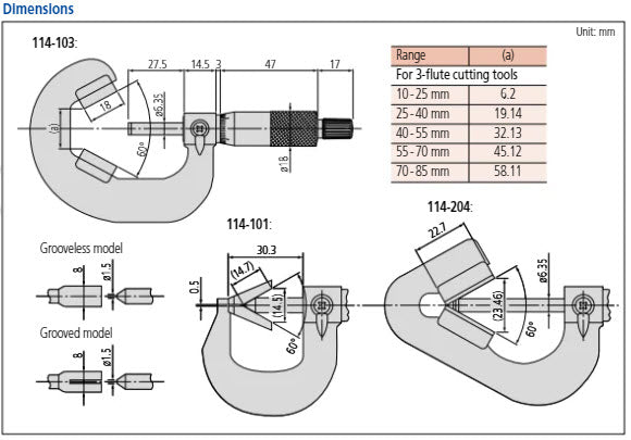 Mitutoyo 3 Flute V-Anvil Micrometer 2,3-25mm 114-204