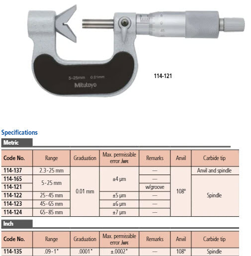 Mitutoyo 5 Flute V-Anvil Micrometer 5-25mm 114-165