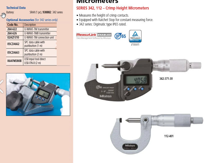 Mitutoyo Digital Crimp Height Micrometer IP65 Inch/Metric, 0-20.32mm/0-0.8" 342-371-30