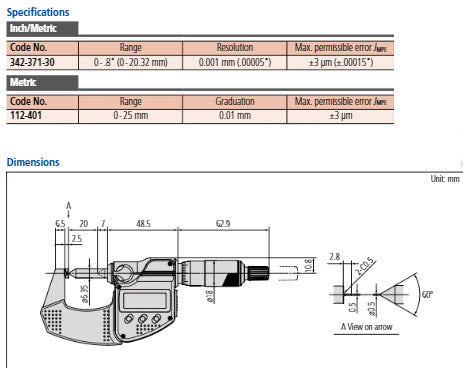 Mitutoyo Digital Crimp Height Micrometer IP65 Inch/Metric, 0-20.32mm/0-0.8" 342-371-30