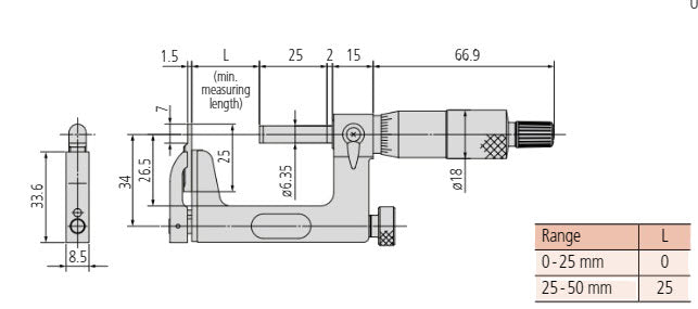 Interchangeable Anvil Micrometer 0-25mm 117-101