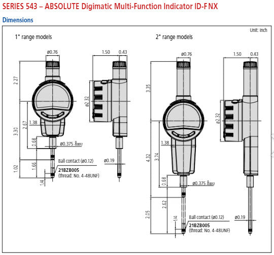 Digital Indicator ID-F Range 50mm/2", 0.00002"/0.0005 mm 543-858E