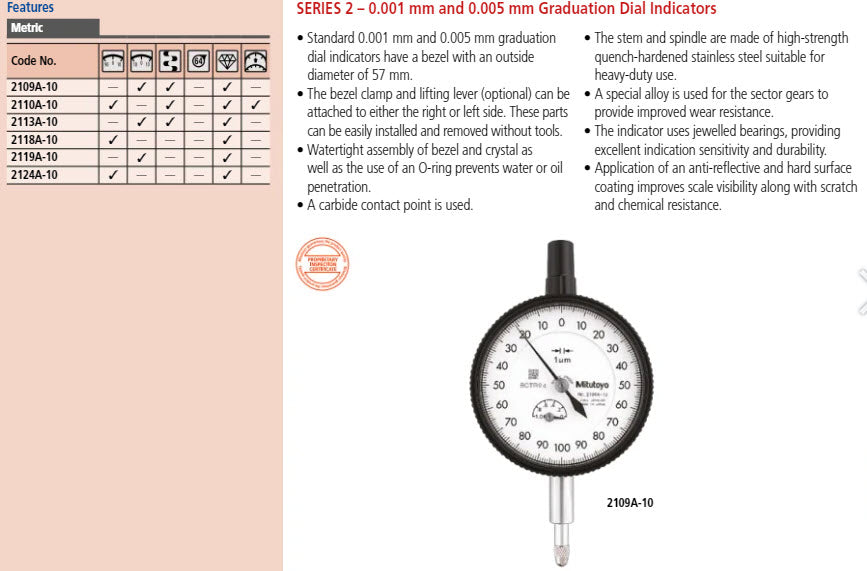 Dial Gauge, Flat Back, ISO Type IP64, Jewelled Bearing, Shockproof, 1mm, 0,001mm 2110AB-70
