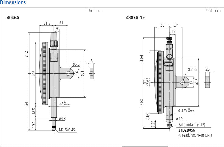 Dial Gauge, Lug Back, ANSI/AGD Type Jewelled Bearing, Shockproof, 3", 0,001" 4887A-19 Face 3.62"