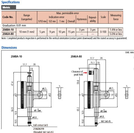 Dial Gauge, Lug Back, ISO Type Adjustable Pointer Type, 10mm, 0,01mm 2048A-10