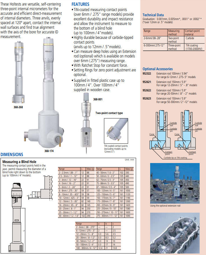Mitutoyo 3-Point Internal Micrometer Holtest Set 6-12mm 368-911 with free UKAS Certificate