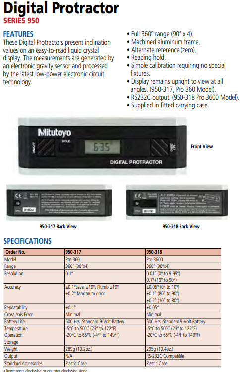 Mitutoyo 950-318 Digital Precision Level 360° Protractor Model Pro 3600