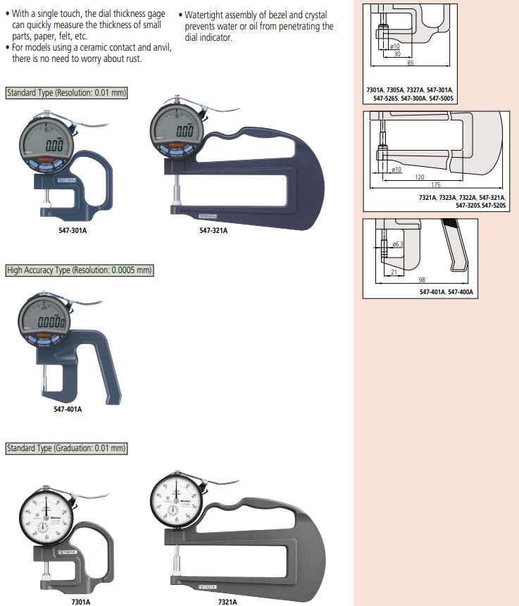 Dial Indicator Thickness Gauge, 120mm Throat, 0-20mm 7323A
