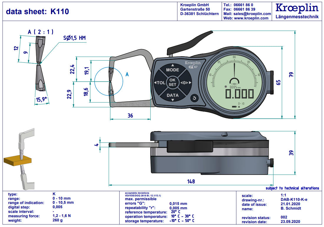 Kroeplin Digital External Caliper Gauge 0-10mm, 0.005mm/.0001" K110 ( Mitutoyo Equivalent 209-930)