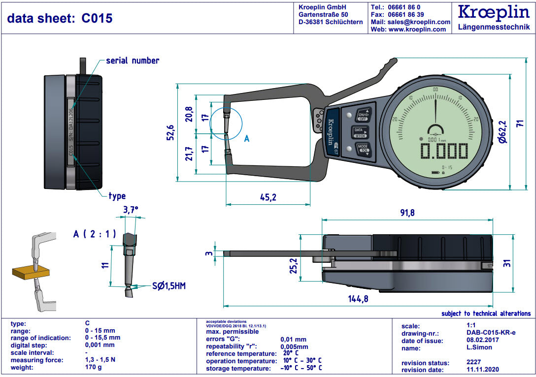Mitutoyo External Digital groove Caliper Gauge C015 range 0-15mm