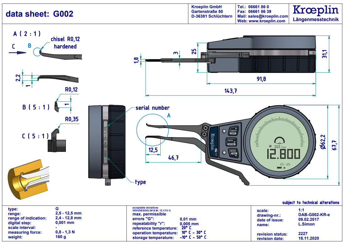 Kroeplin External Digital groove Caliper Gauge G005 range 5-20mm/.2-.8" ( Mitutoyo Equivalent 209-928)