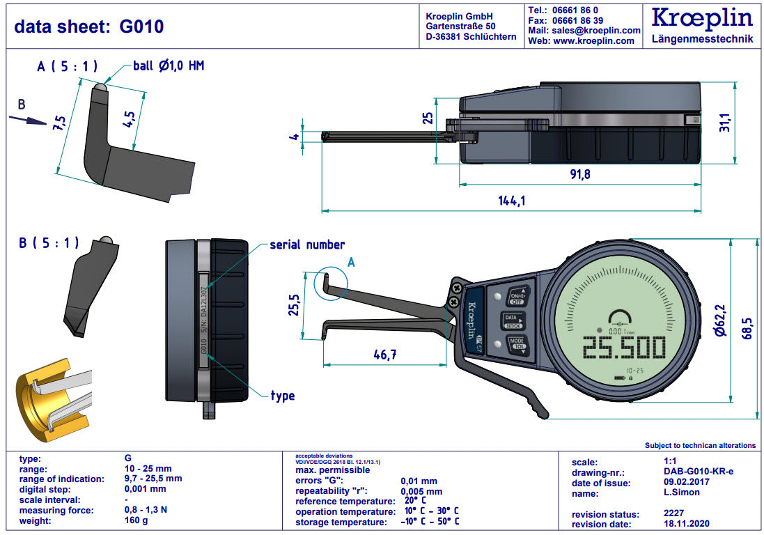 Mitutoyo External Digital groove Caliper Gauge G010 range 10-25mm/.4-1" ( Mitutoyo Equivalent 209-929)