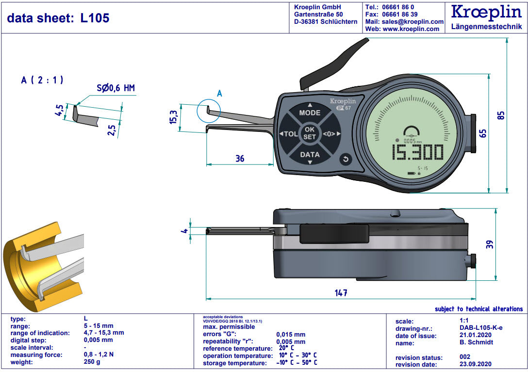 Kroeplin Internal Digital Caliper Gauge L105, 5-15mm/.2-.6" ( Mitutoyo Equivalent 209-935) ( Mitutoyo Equivalent 209-946)