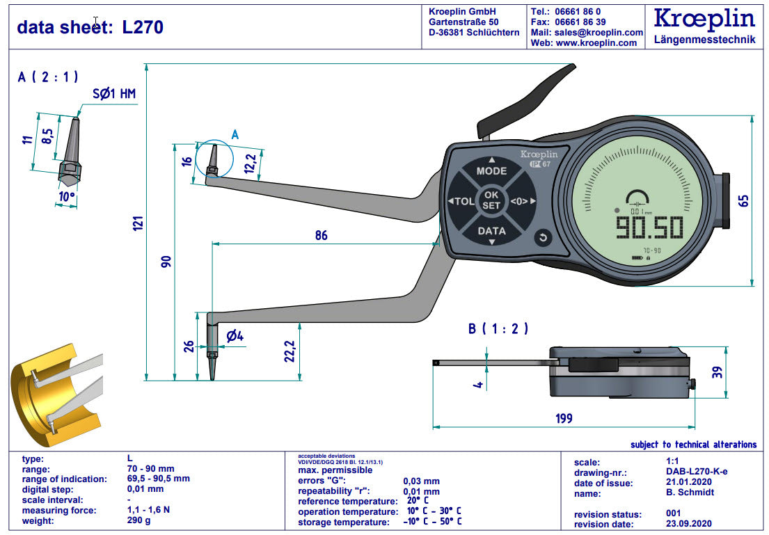 Kroeplin Internal Digital Caliper Gauge L270, 70-90mm/2.8-3.6" ( Mitutoyo Equivalent 209-942)