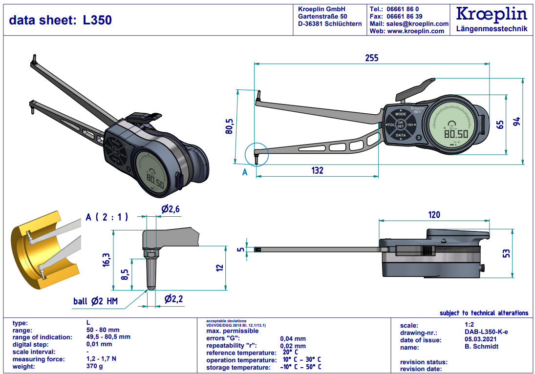 Kroeplin Internal Digital Caliper Gauge L350, 50-80mm/2-3.2" ( Mitutoyo Equivalent 209-947)