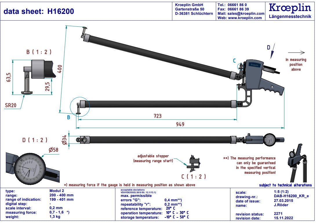 Kroeplin Metric Internal Caliper Gauge 200-400mm, 0.2mm H16200