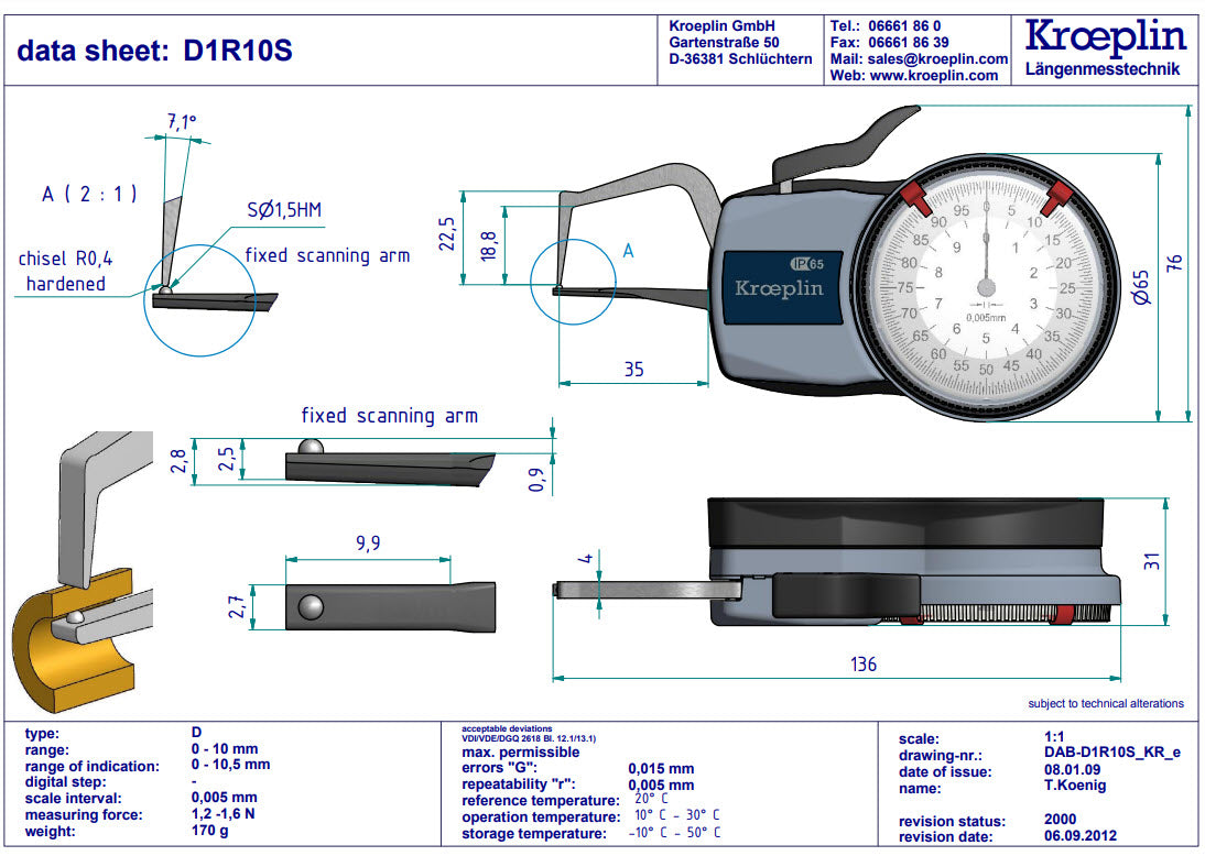 Kroeplin Analogue Tube Wall Caliper Gauge 0-10mm, 0.005mm D1R10S (Mitutoyo Equivalent 209-401)