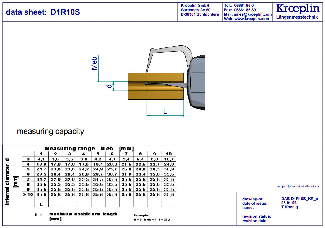 Kroeplin Analogue Tube Wall Caliper Gauge 0-10mm, 0.005mm D1R10S (Mitutoyo Equivalent 209-401)