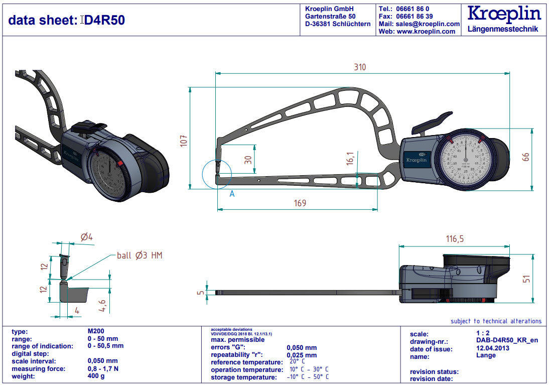 Kroeplin Analogue Tube Wall Caliper Gauge 0-50mm, 0.05mm D4R50 (Mitutoyo Equivalent 209-912)