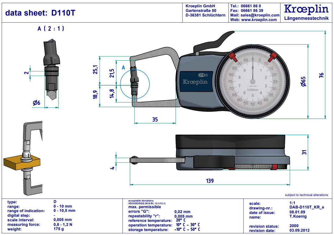 Mitutoyo External Dial Caliper Gauge , 0,005mm D110T, 0-10mm ( Mitutoyo Equivalent 209-403)