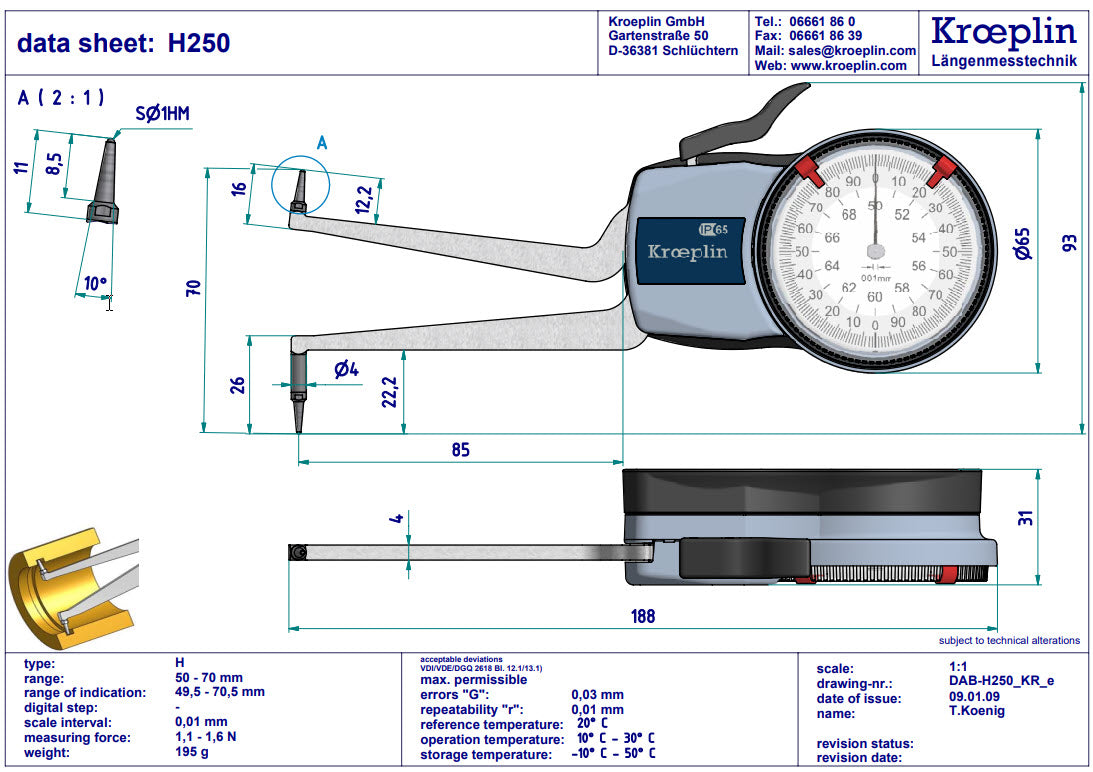Kroeplin Metric Internal Caliper Gauge 50-70mm, 0.01mm H250 ( Mitutoyo Equivalent 209-306)